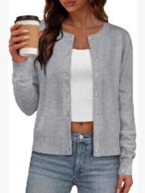 Crew Neck Long Sleeve Lightweight Knit Cardigan Sweater Button Down